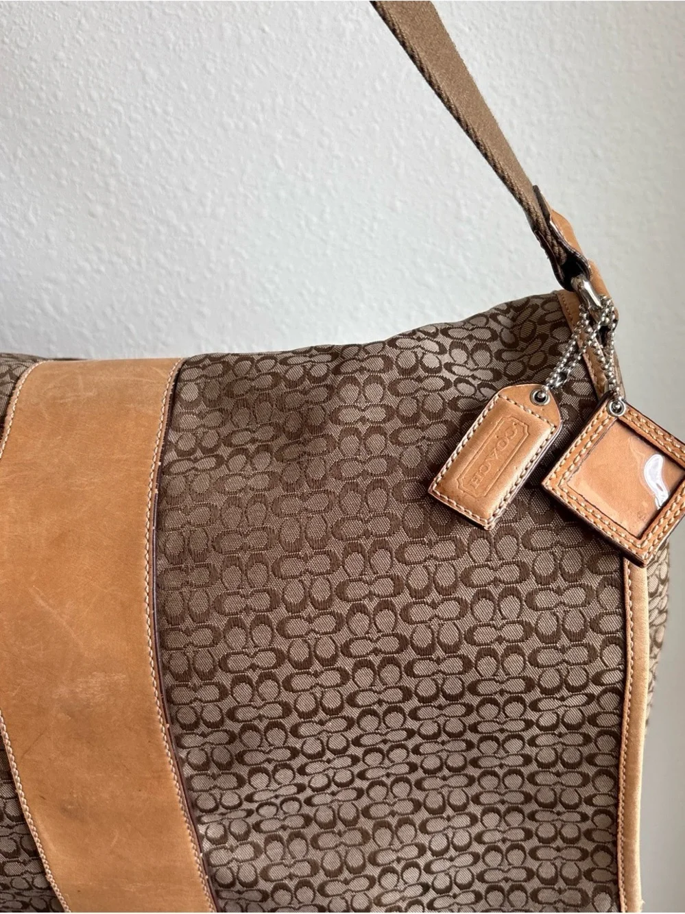 COACH Brown Signature Canvas Messenger with Tan Leather Center Stripe